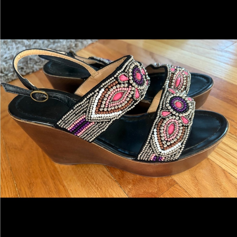 Beaded Wedge Sandals - Black and Pink